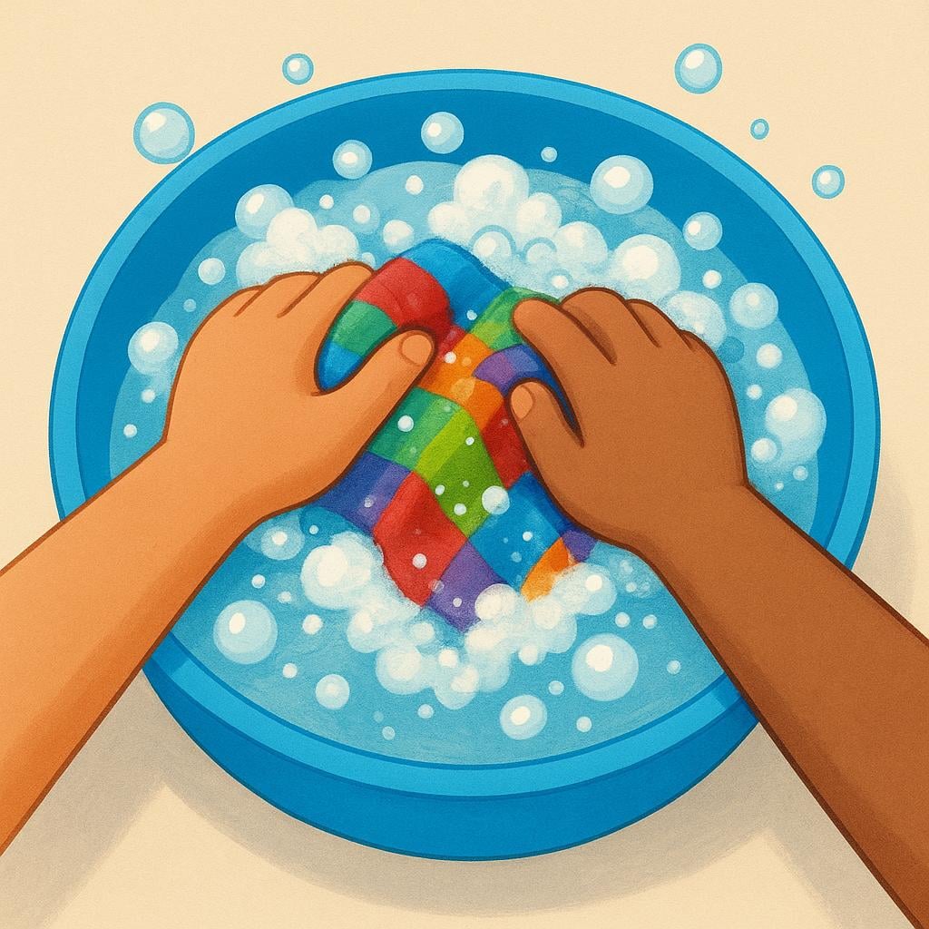 A close-up view of hands washing clothes in a basin filled with soapy water.