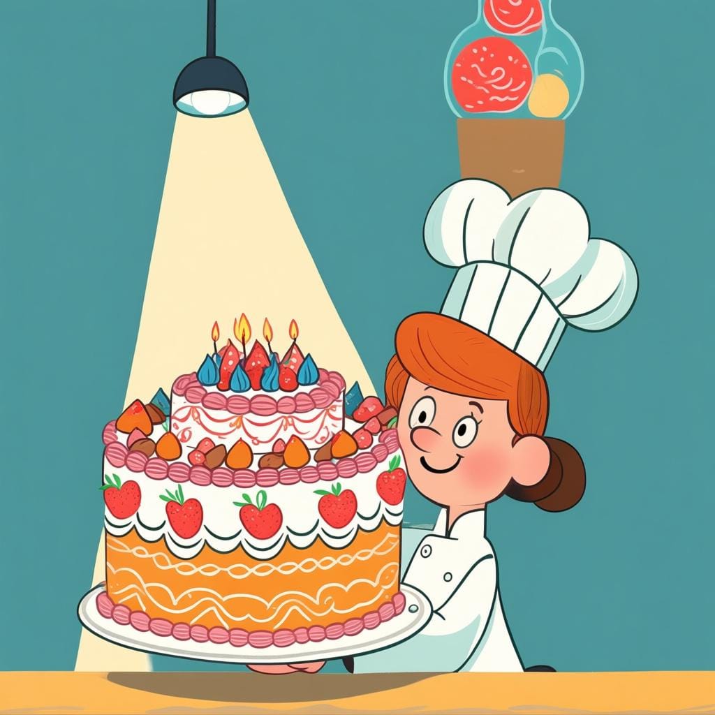 An illustration of a chef standing next to a perfect, highly decorative tiered cake that is clearly their specialty, illuminated by a spotlight.