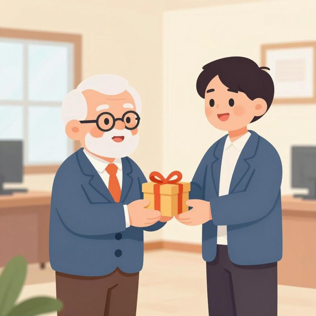 Een lachende oudere man in een pak die een gouden horloge ontvangt van een jonger persoon in een kantooromgeving.