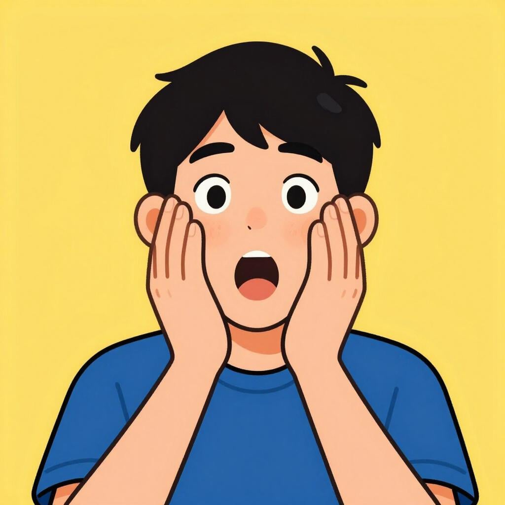 A person with a wide-eyed, surprised expression and hands on their cheeks.