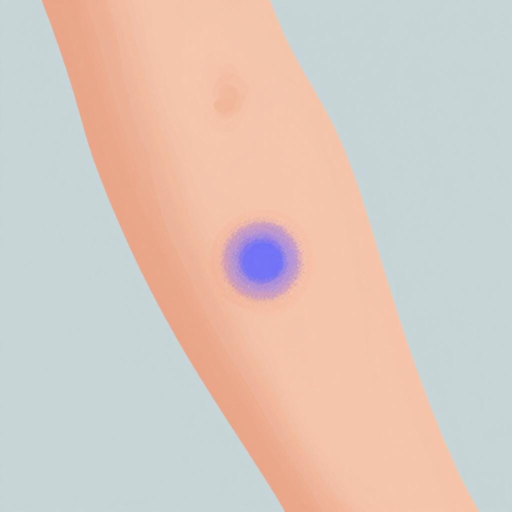 팔뚝을 클로즈업한 사진으로, 피부에 보라색과 파란색 멍이 들어 있습니다.