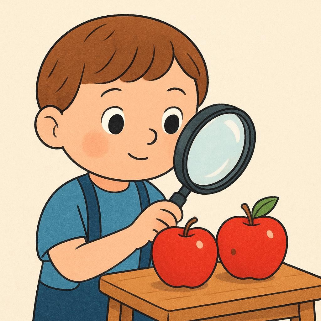 A small storybook character wearing a green shirt holding a magnifying glass and intently examining two apples to find the subtle distinction between them.