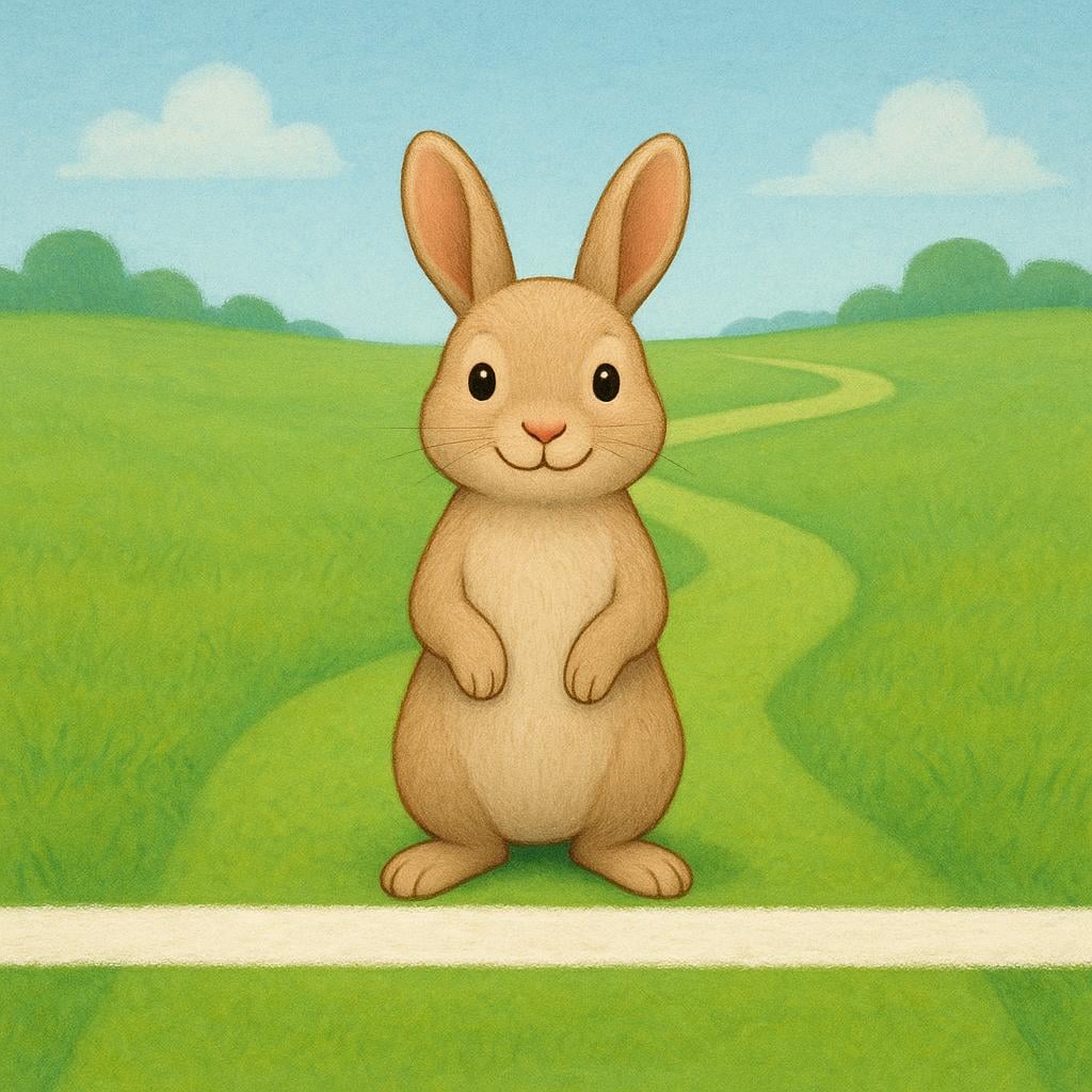 A small, friendly rabbit taking its very first step across a clear starting line on a long, winding green path, symbolizing the beginning of a journey.
