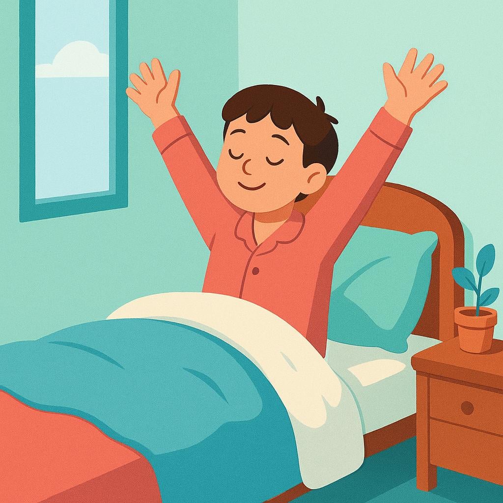 A person with messy hair is sitting up in a bright, cozy bed, stretching their arms wide toward the ceiling, having just woken up.