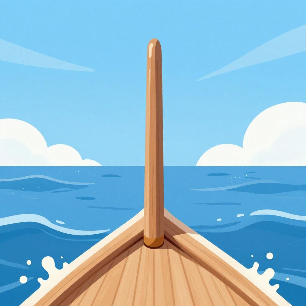 La partie avant d'un bateau en bois fendant l'eau bleue.