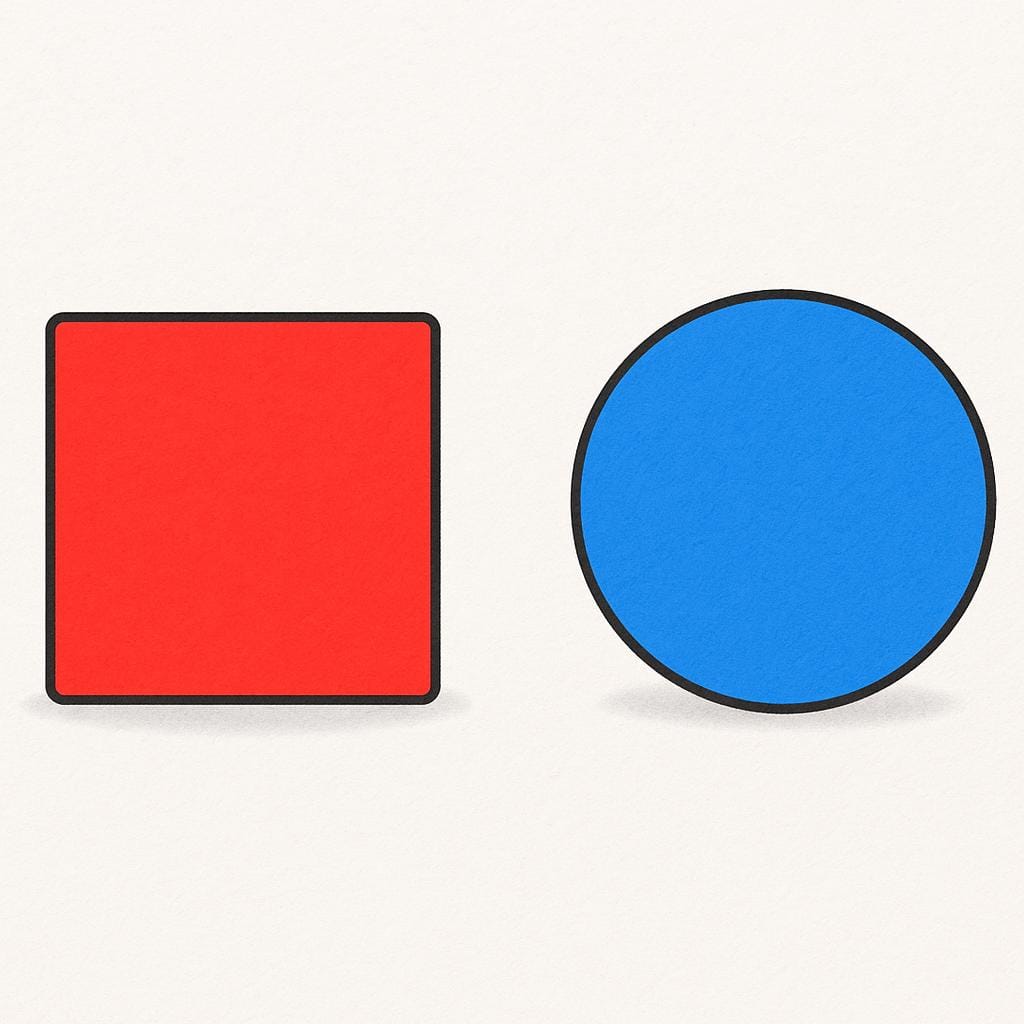 Een visuele vergelijking die een felrood vierkant naast een felblauwe cirkel toont, waarbij de verschillende vormen en kleuren worden benadrukt.