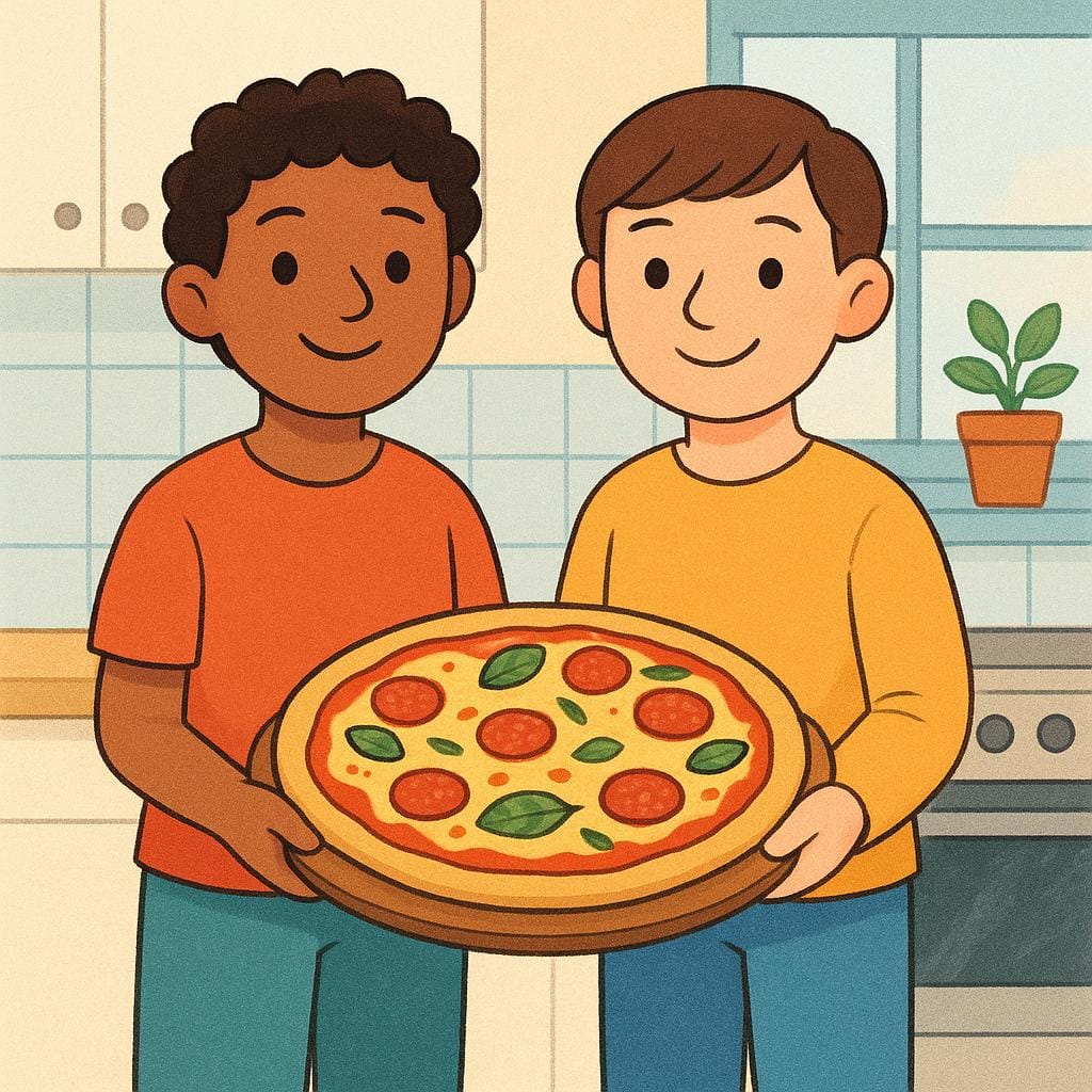 Two happy friends standing in a kitchen, holding up a freshly baked pizza they just finished preparing.