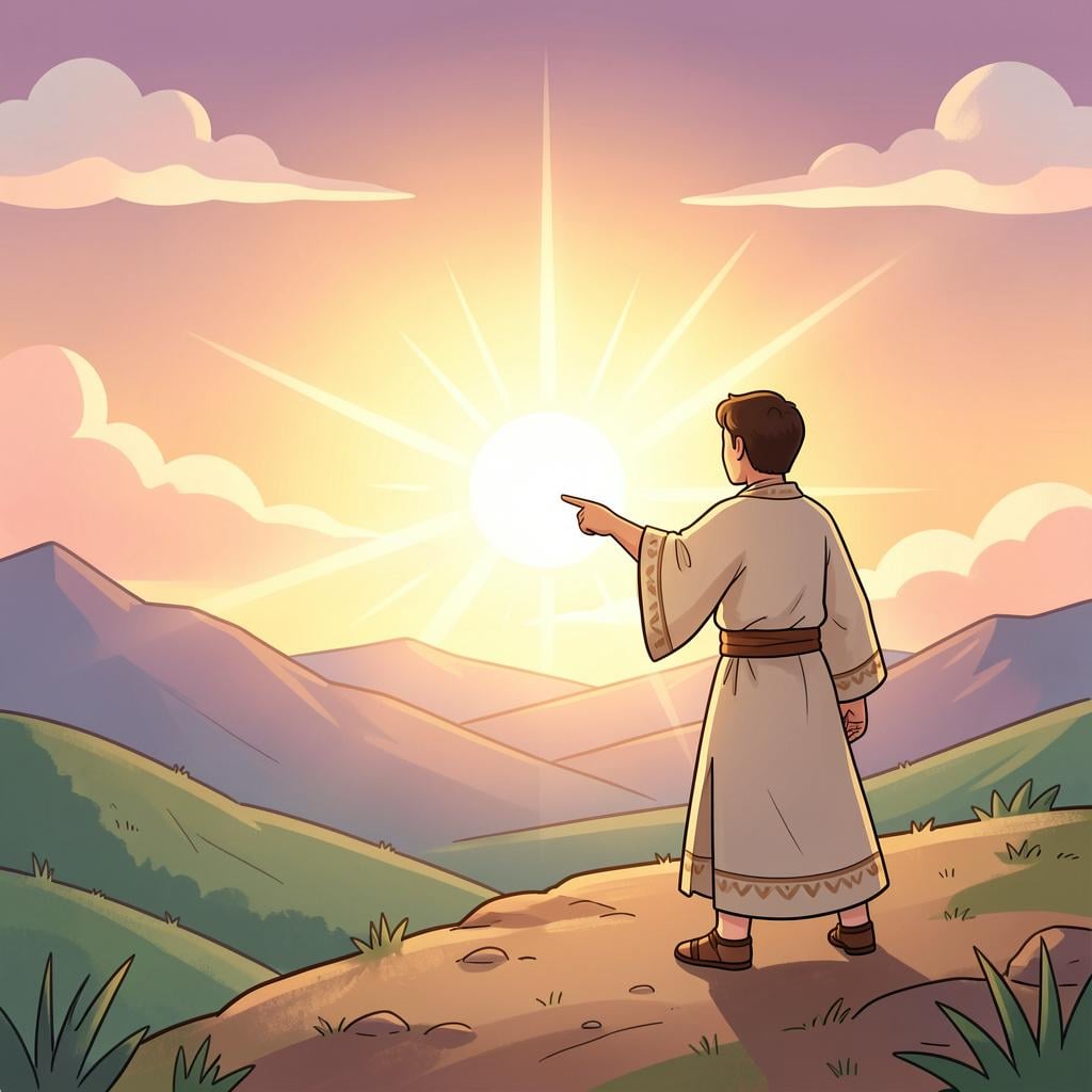 A person in simple robes standing on a hill, pointing toward a glowing light in the distance.