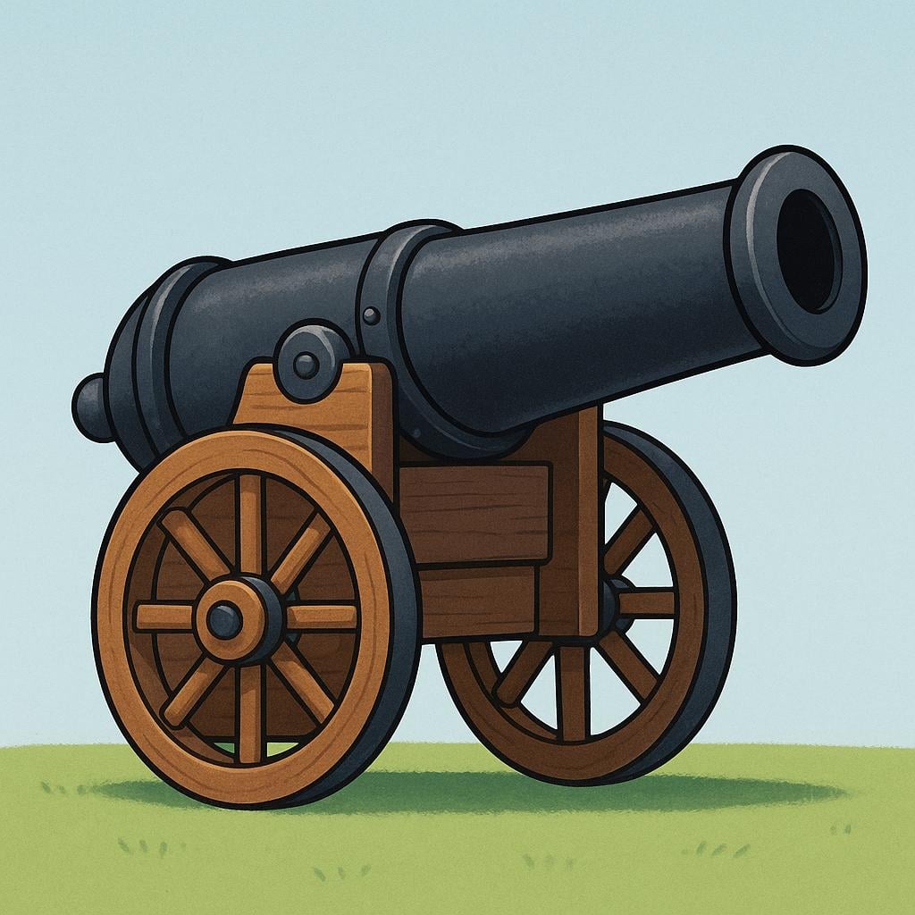 A simple drawing of a large, antique, black cannon resting on wooden wheels, ready for firing.