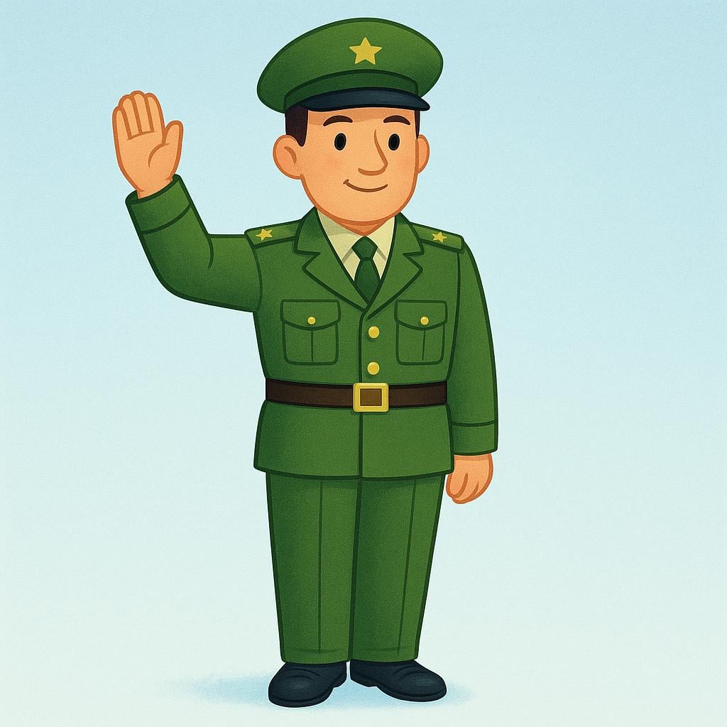 A stern-faced military officer in a green uniform standing tall, raising a hand in a clear, authoritative commanding gesture.