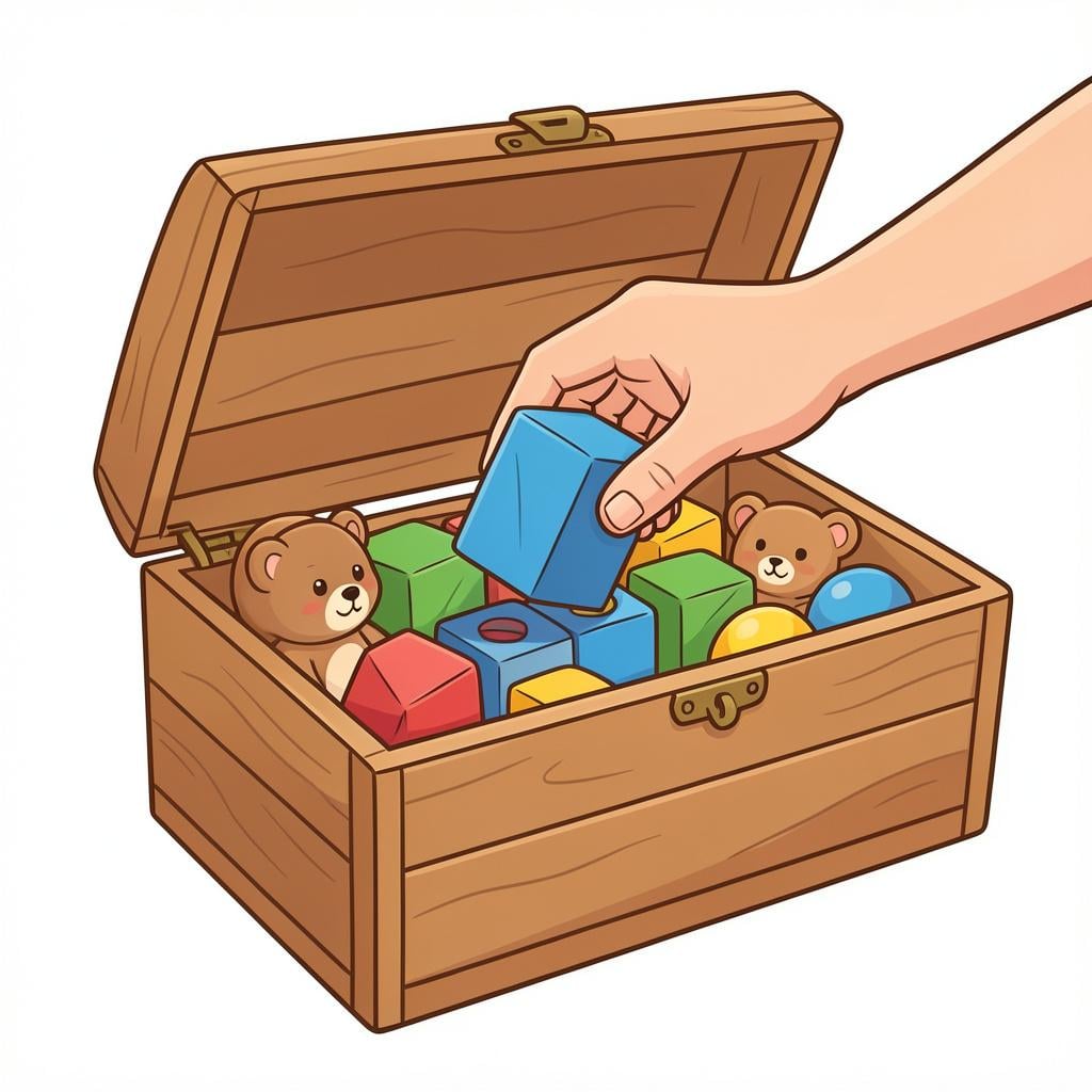 A hand placing a toy wooden block into a wooden storage box.