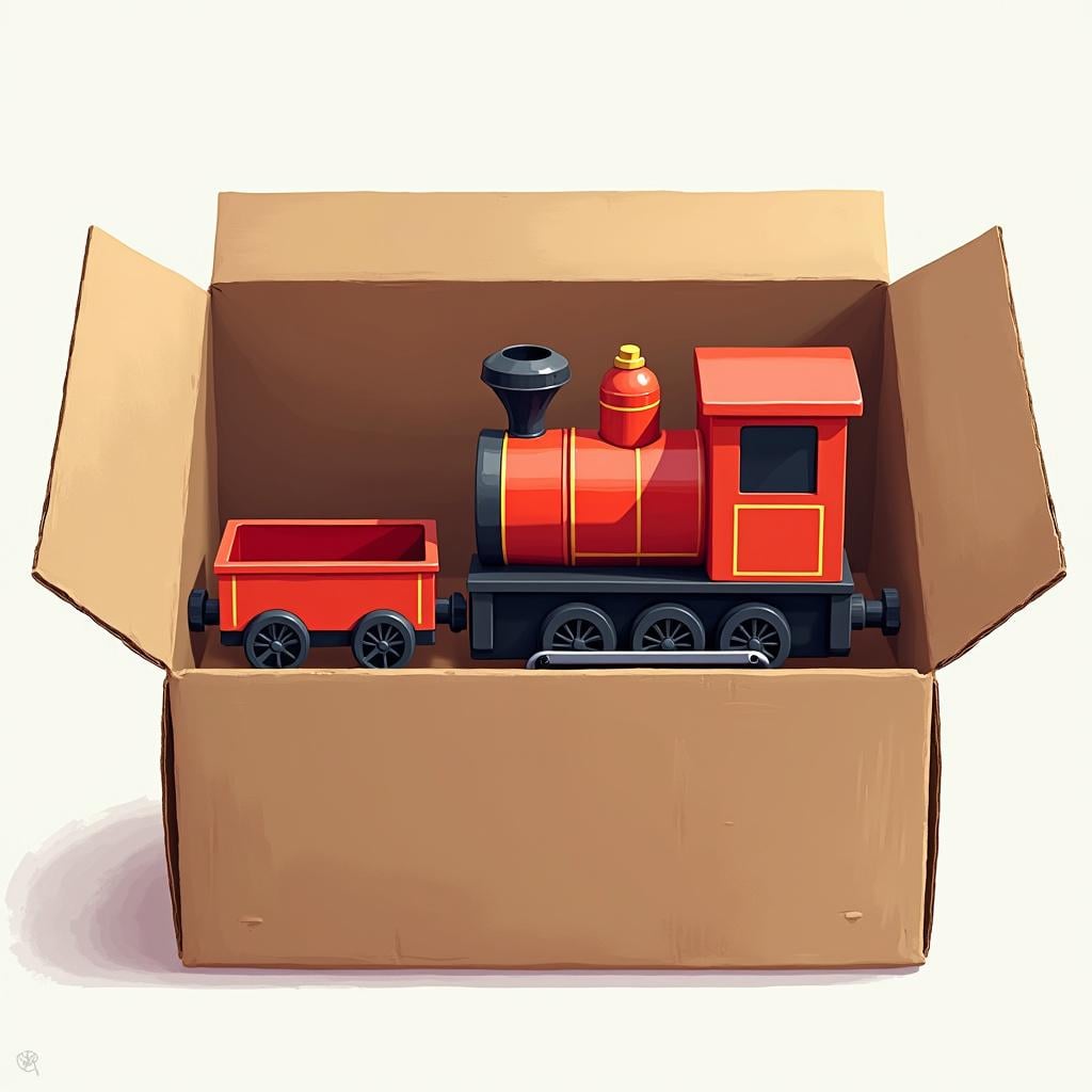 A wrapped gift box is open, showing the main item (a small toy) and an accessory (a tiny hat) clearly packaged together, symbolizing inclusion.