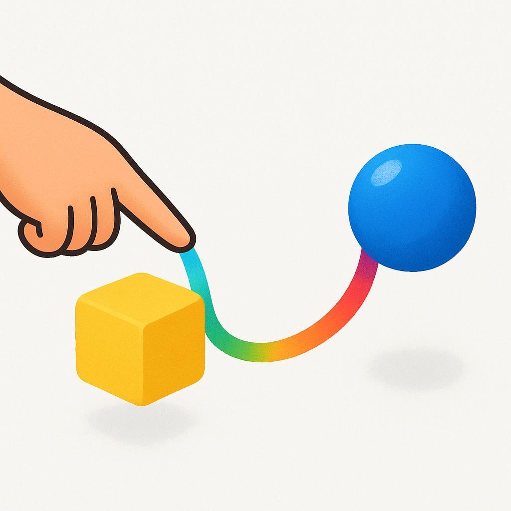 A hand drawing a connecting line between a blue sphere and a yellow cube, illustrating the action of relating or connecting.