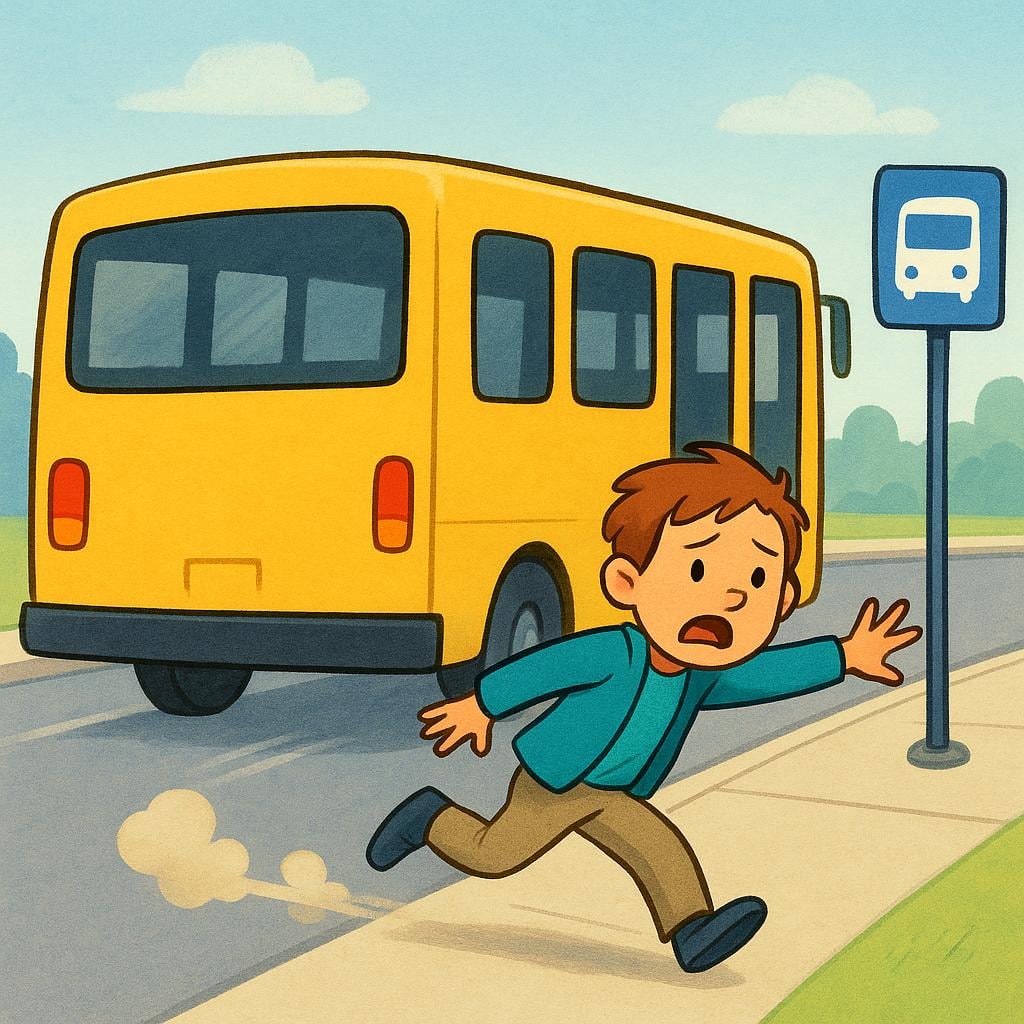 A frantic person running and reaching out their hand towards the back of a large yellow bus that is driving away from the bus stop, having just missed it.