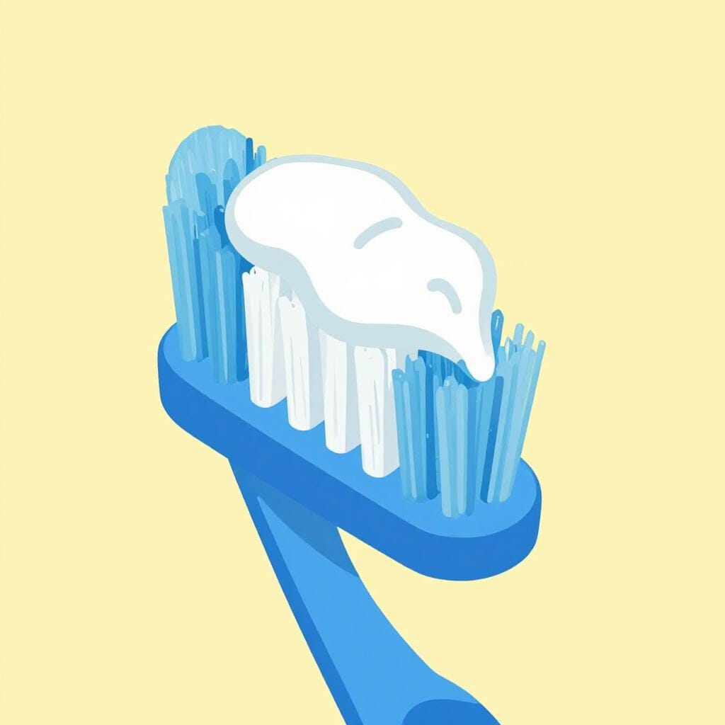 A colorful toothbrush with blue bristles and a smear of white toothpaste resting on a clean surface.