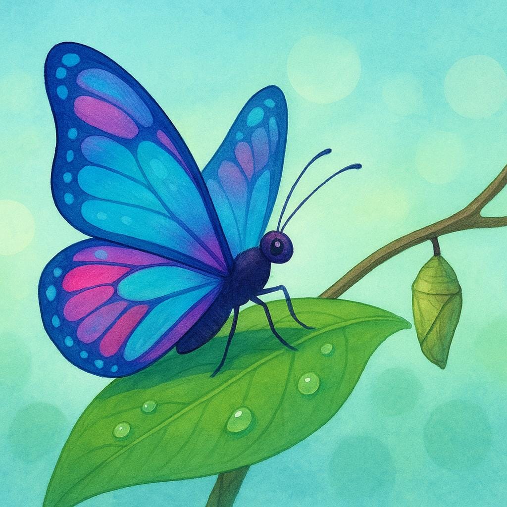 Een rups die verrast kijkt terwijl hij uit een cocon komt als een kleurrijke vlinder, wat symboliseert dat iets anders is geworden.