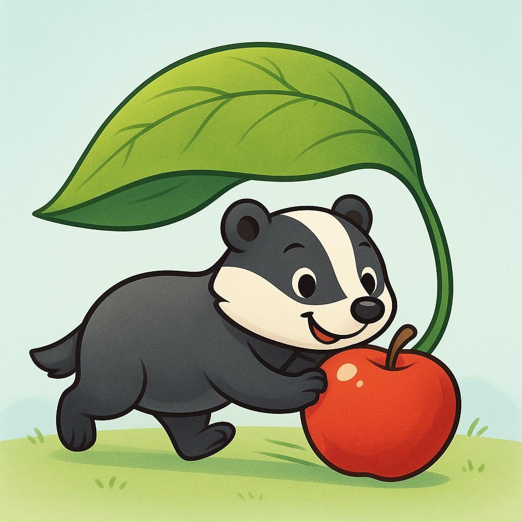 A cartoon badger is hiding a bright red apple underneath a large green leaf on the forest floor.