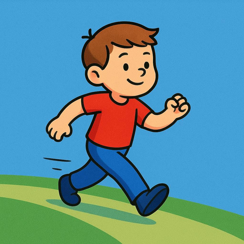 A high-quality storybook illustration showing a simplified figure actively walking forward, mid-stride, on a green path under a blue sky.