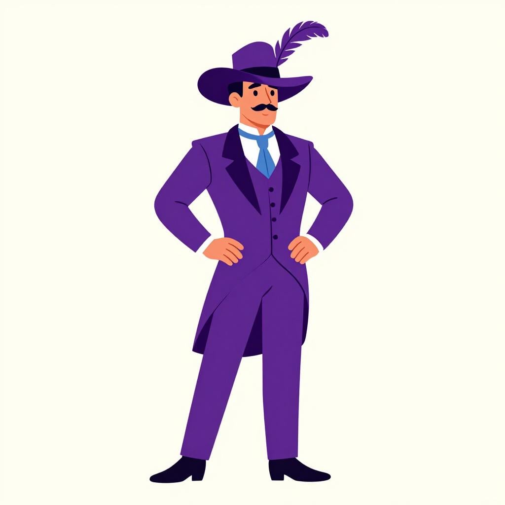 A man wearing a very fancy purple suit and a hat with a feather.
