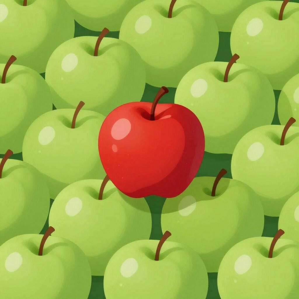 A single bright red apple standing out among a large group of green apples.