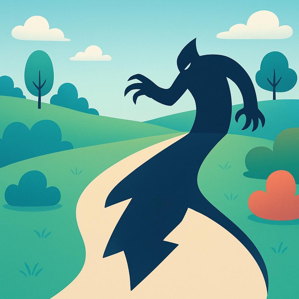 A high quality simple colorful storybook illustration showing a dramatic, exaggerated dark shadow stretching across a sunny, empty path, representing a menacing action.