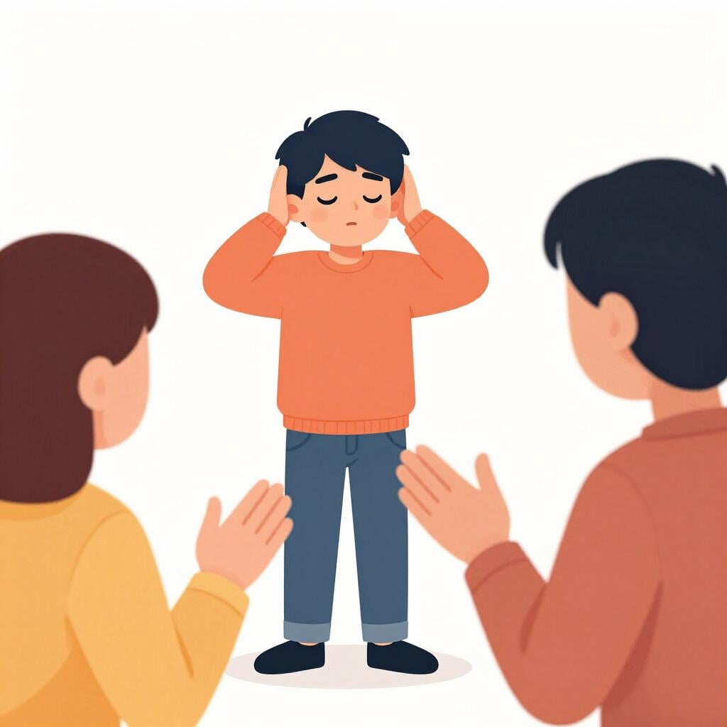 A person covering their ears while another person tries to give them advice.