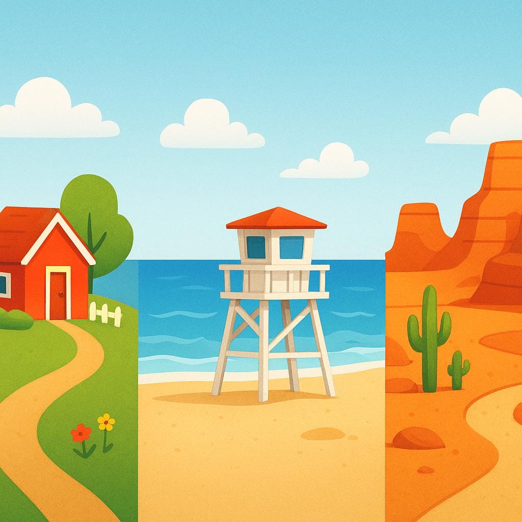 A high quality simple colorful storybook illustration showing a wide landscape composed of three distinct general locations: a small red house sitting on a green hill, a bright blue ocean shore with a single lifeguard tower, and a small desert canyon with rock formations.