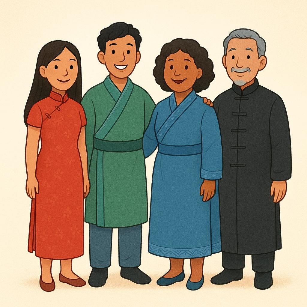 Eine vielfältige Gruppe von vier lächelnden Erwachsenen in einfacher traditioneller chinesischer Kleidung, die nebeneinander stehen.