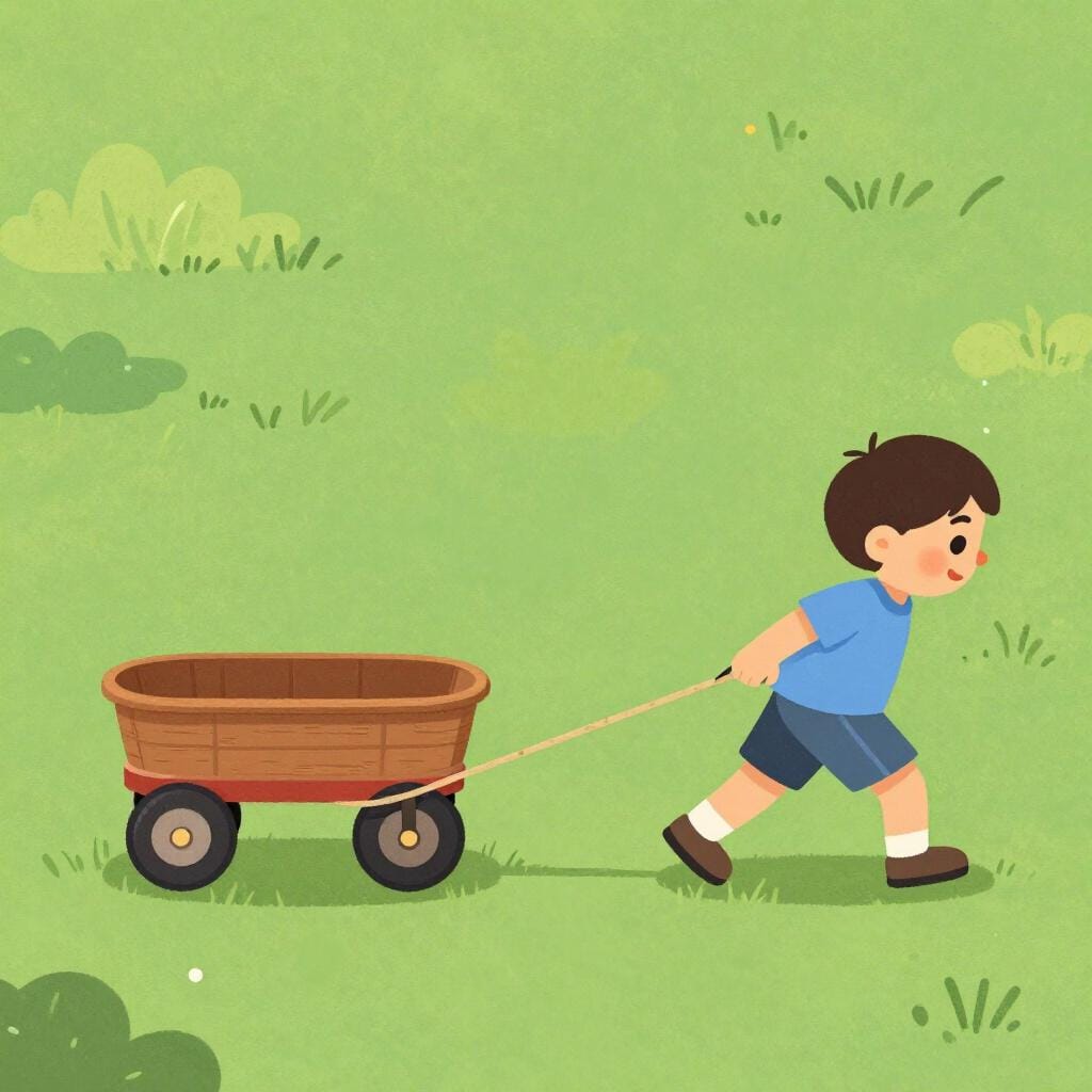 Een kind dat een houten speelgoedkar over een grasveld trekt.