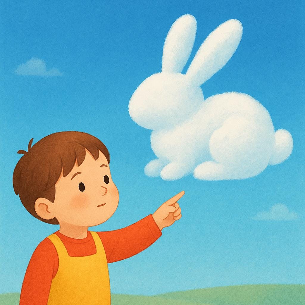 小さな子供が、巨大なウサギの形をしたふわふわの雲を見上げている。