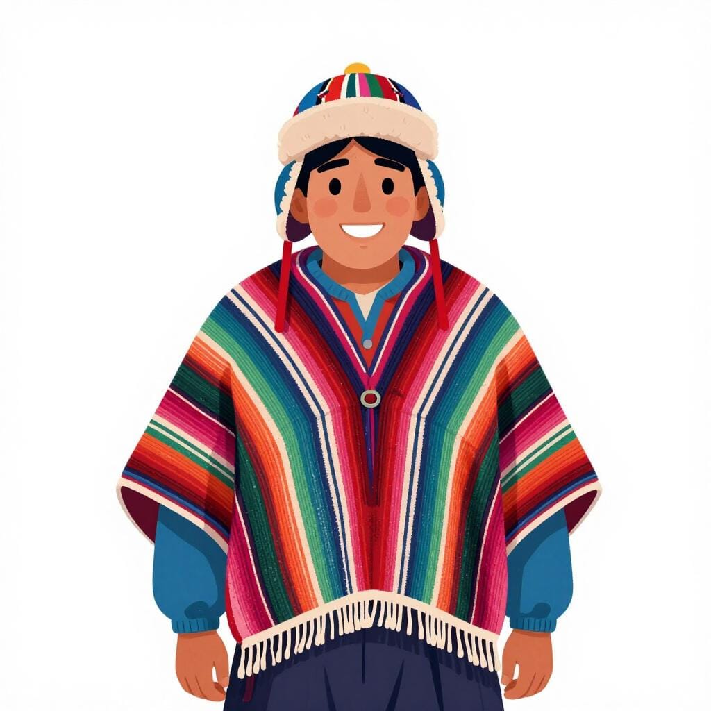 Ein Mann, der einen traditionellen, bunten Anden-Poncho und eine gestrickte Chullo-Mütze trägt.