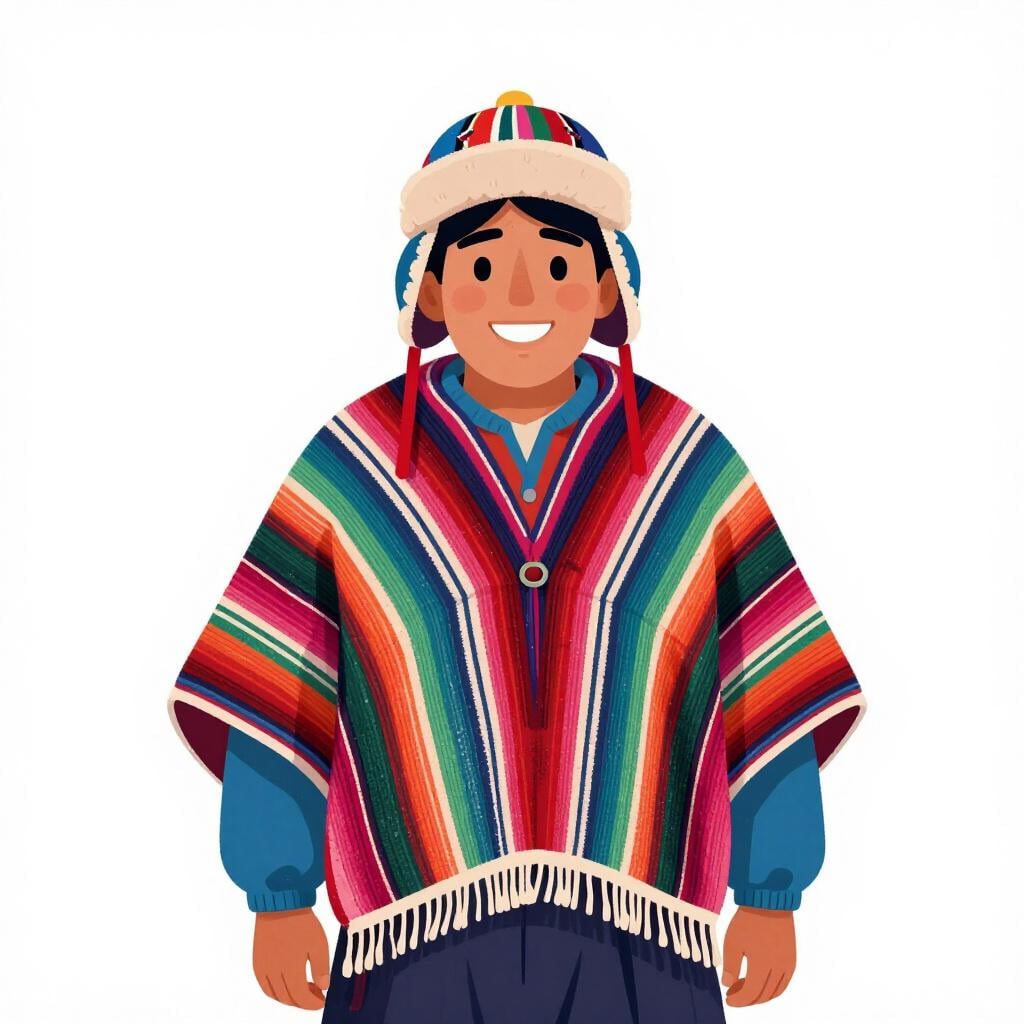 Un uomo che indossa un poncho andino tradizionale colorato e un cappello di lana chiamato chullo.