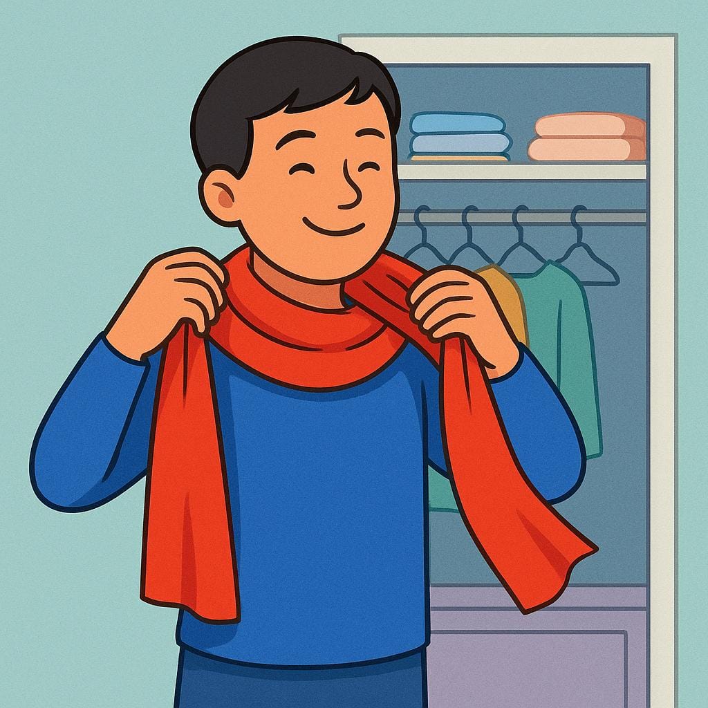 A cheerful person putting on brightly colored clothes, representing the act of dressing.