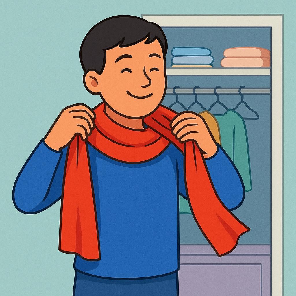 A cheerful person putting on brightly colored clothes, representing the act of dressing.