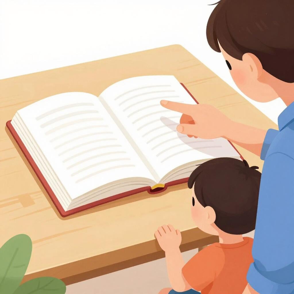 An adult pointing toward an open book on a table while looking at a child.