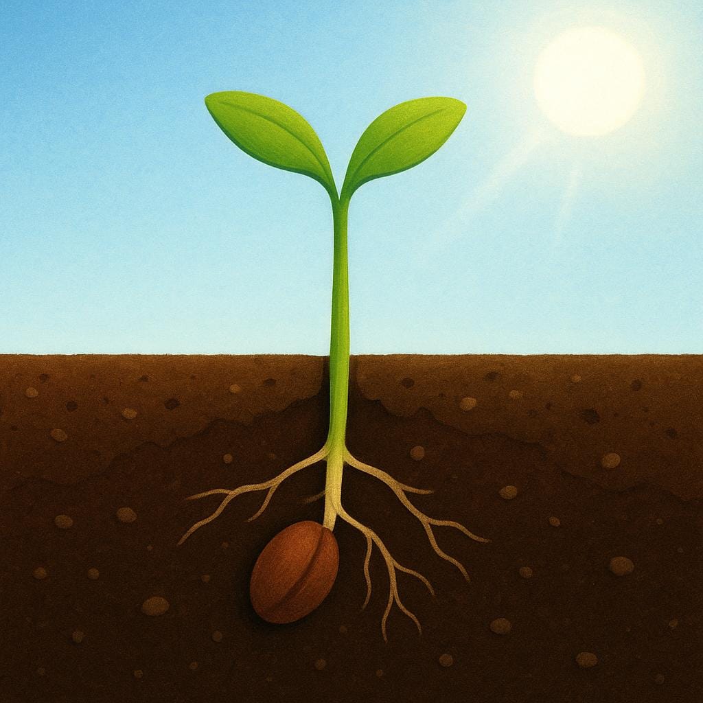 A small, newly planted seed growing into a tall, vibrant green plant with leaves, illustrating the concept of a result or outcome.