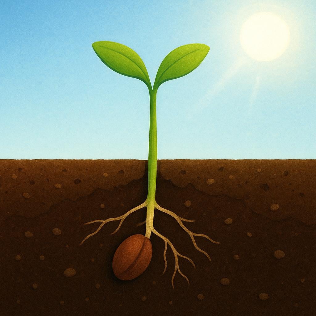 A small, newly planted seed growing into a tall, vibrant green plant with leaves, illustrating the concept of a result or outcome.