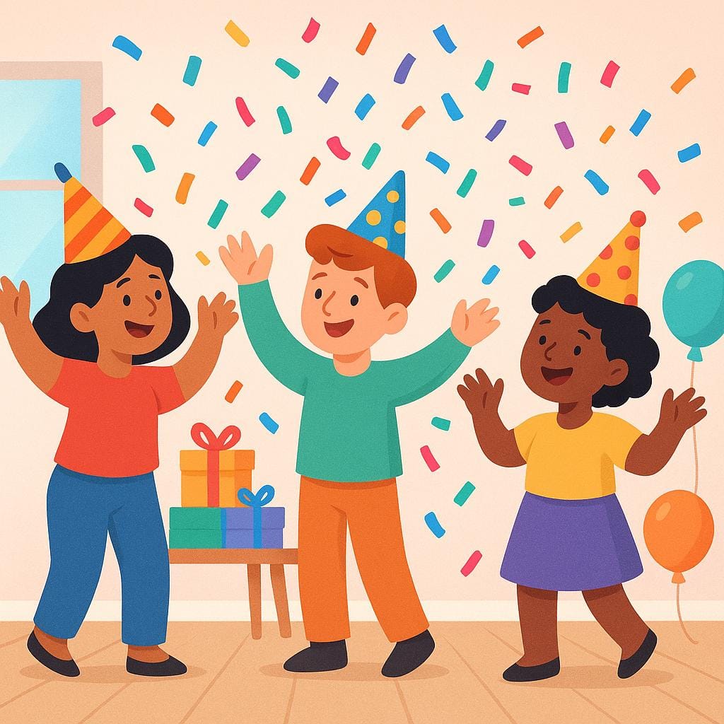 Three stylized figures wearing party hats are celebrating by throwing colorful confetti.