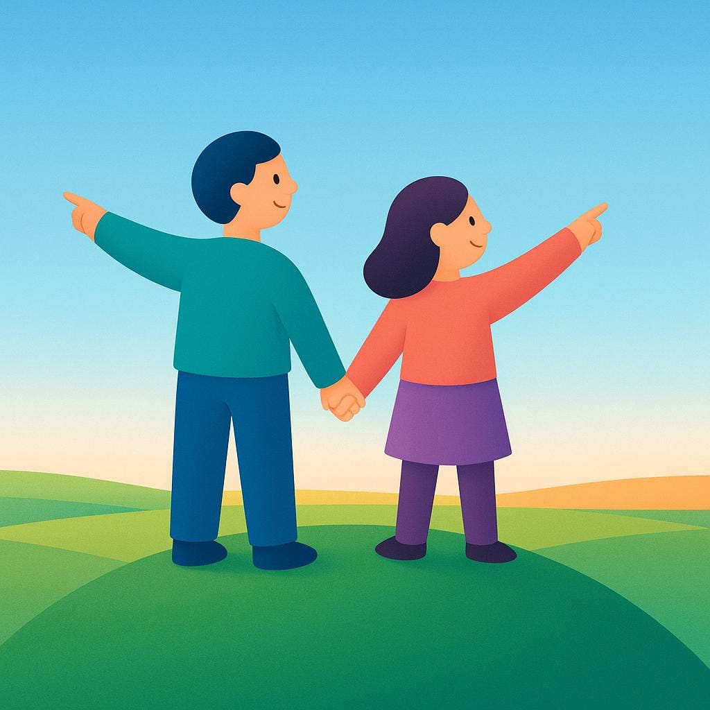 Two small, stylized people standing together on a hilltop, holding hands and pointing confidently towards a bright, distant horizon.