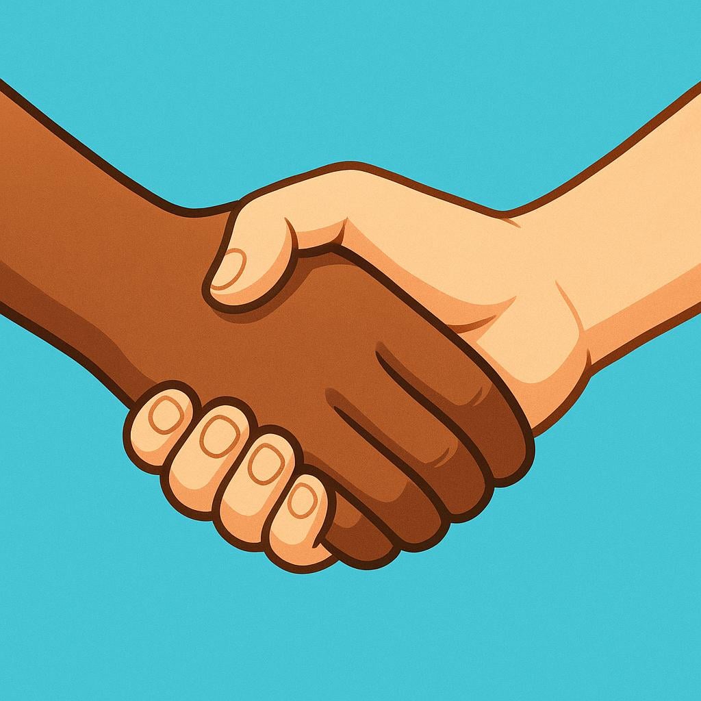 A close-up view of two diverse human hands firmly clasped together in a handshake, symbolizing agreement and unity.