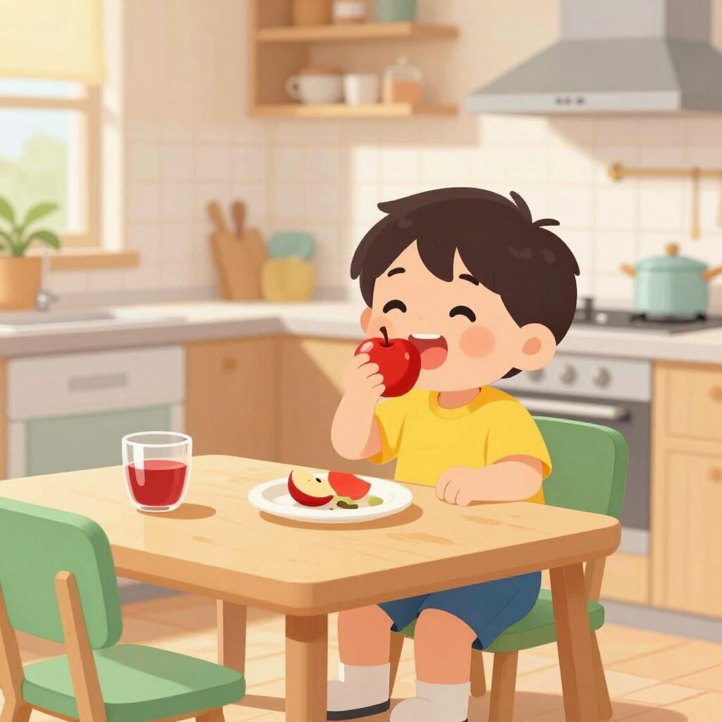 A child eating a red apple every morning while sitting at a kitchen table.