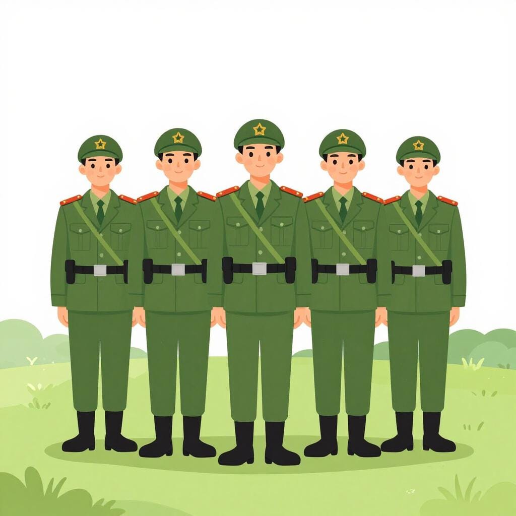 A row of several identical soldiers standing at attention in matching uniforms.