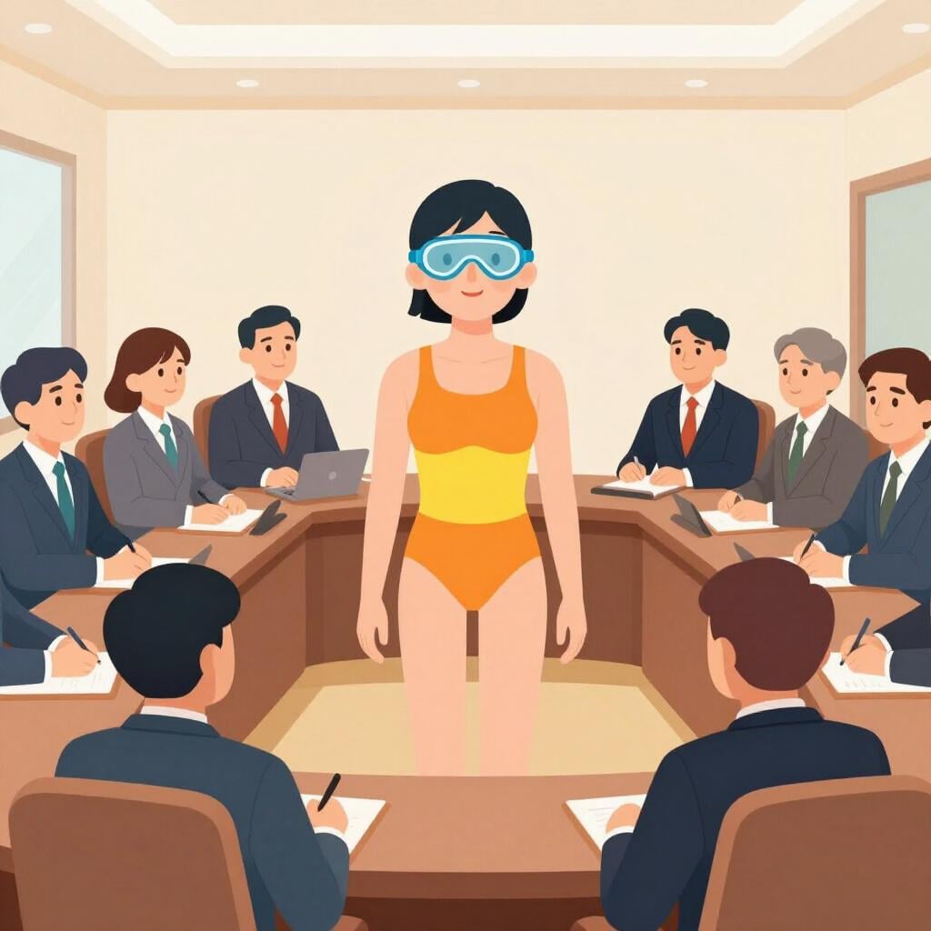 A person wearing a colorful swimsuit and goggles at a formal business meeting.