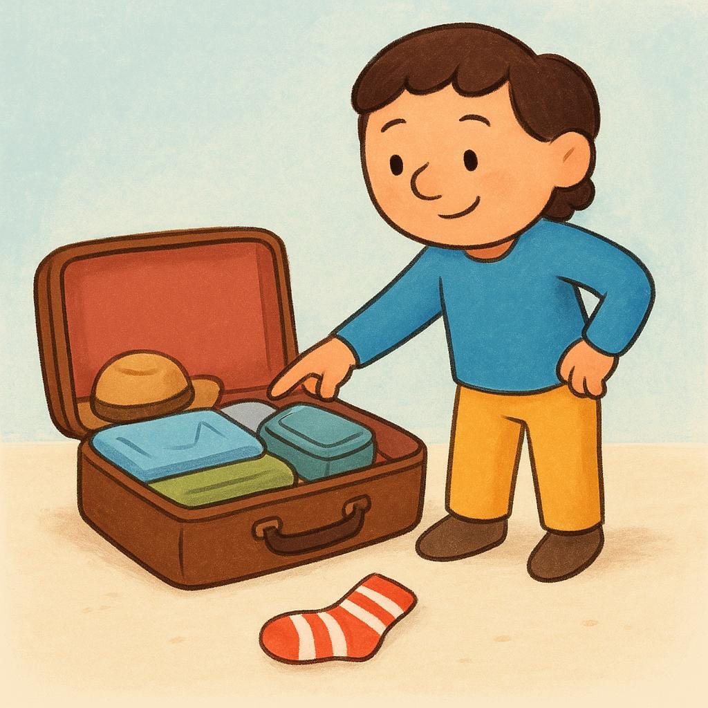 カラフルな絵本イラスト。一人のキャラクターが、ほとんど荷造りが終わった大きな開いたスーツケースの隣に置かれた、まだ開けられていない一冊の本を指差し、もう一人のキャラクターに作業を完了するように促している。