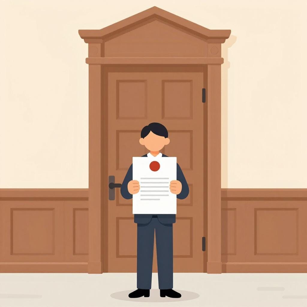 Eine Person steht vor einer großen Holztür und hält ein formelles Dokument mit einem roten Wachssiegel.