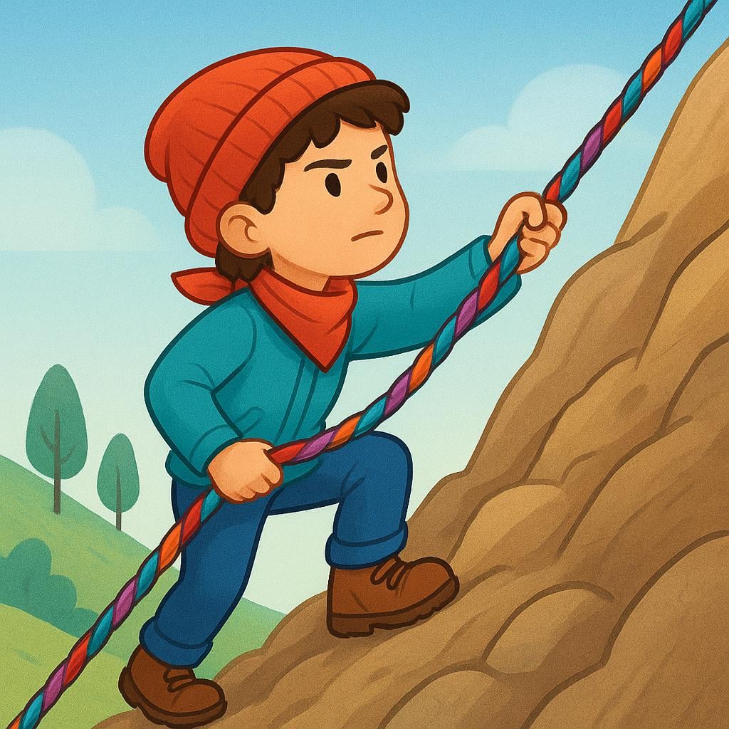 A determined hiker confidently climbing a steep incline using a rope.