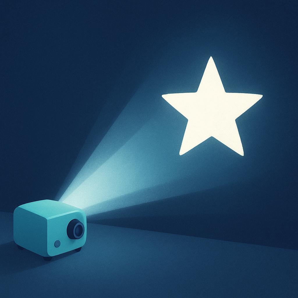 A simple, stylized projector device emitting a visible beam of light that casts a large, bright image of a single star onto a dark, blank wall.