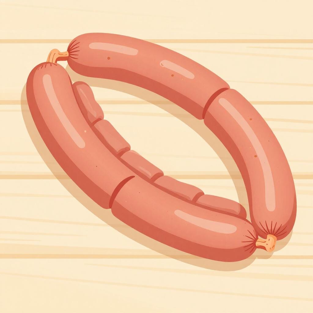 Een rij van verschillende worstjes aan elkaar geregen op een effen houten tafel.