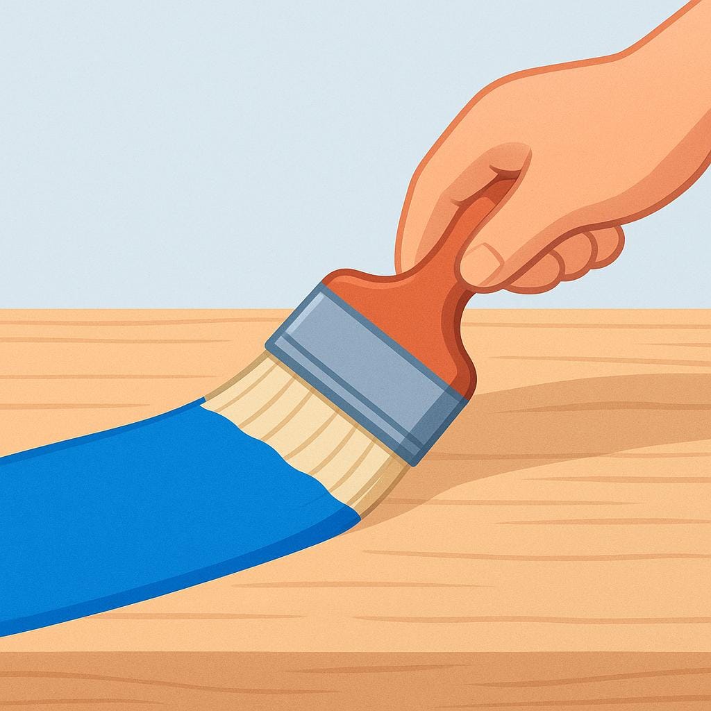 A close-up illustration of a hand holding a wide paintbrush applying a single, thick blue layer of paint onto a flat wooden surface.