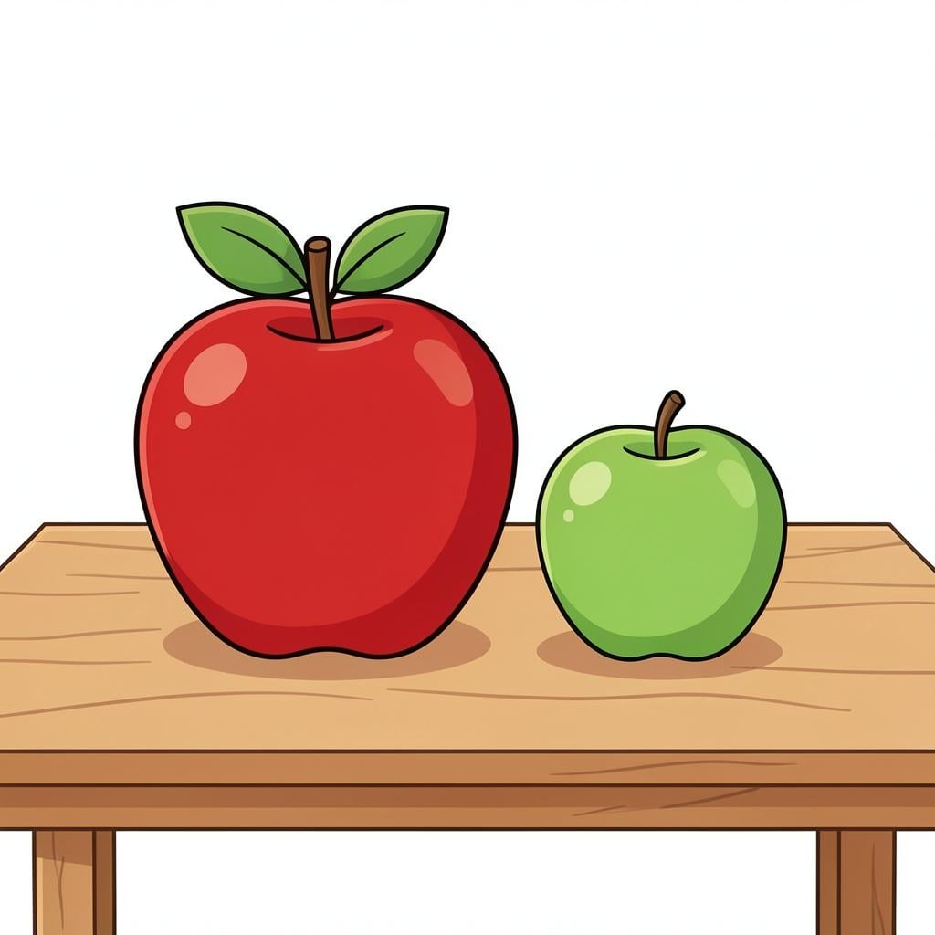 A large red apple and a small green apple side by side on a wooden table.
